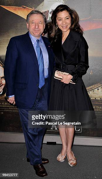 Jean Todt and Michelle Yeoh attend the premiere of the Luc Besson's film "Les Aventures Extraordinaires d'Adele Blanc-Sec" at Cinema UGC Normandie on...
