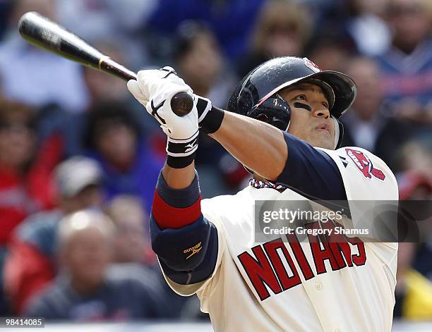 Shin Soo Choo of the Cleveland Indians watches his first inning home run while playing the Texas Rangers during Opening Day on April 12, 2010 at...