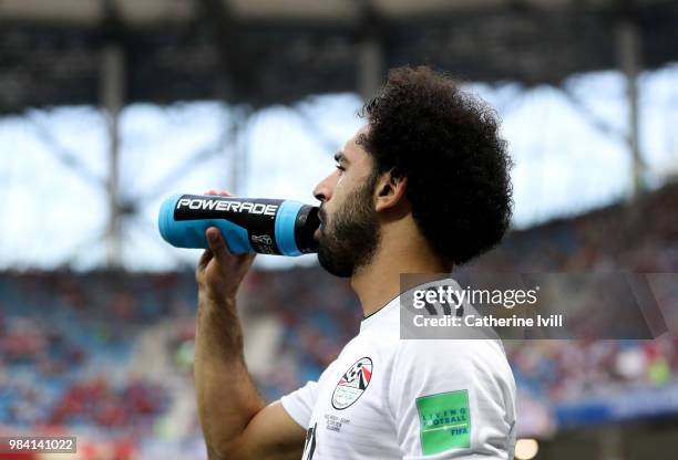 Mohamed Salah of Egypt has a drink during the 2018 FIFA World Cup Russia group A match between Saudia Arabia and Egypt at Volgograd Arena on June 25,...