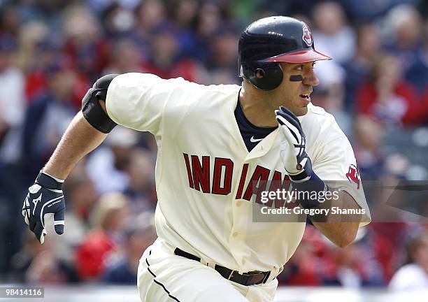 Travis Hafner of the Cleveland Indians watches his first inning single while playing the Texas Rangers during Opening Day on April 12, 2010 at...