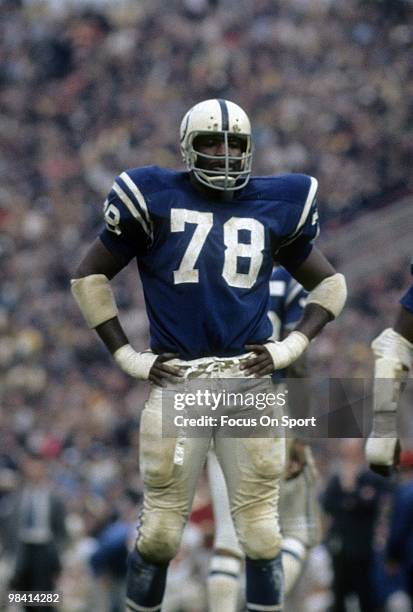 Defensive Tackle Bubba Smith of the Baltimore Colts in this portrait on the field waiting for the offense to come to the line of scrimage circa early...