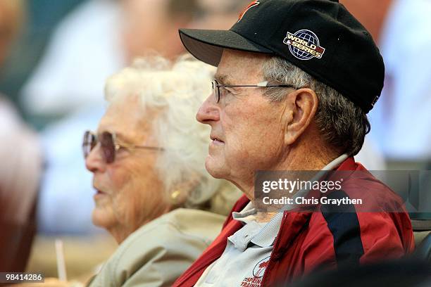 Former President George Bush and his wife Barbra attend the game between the Houston Astros and the San Francisco Giants on Opening Day at Minute...