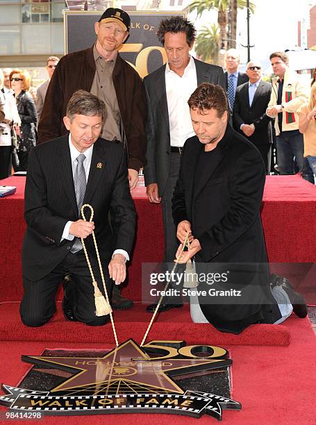 Russell Crowe, Ron Howard and Brian Grazer attends the Russell Crowe Hollywood Walk Of Fame Induction Ceremony on April 12, 2010 in Hollywood,...