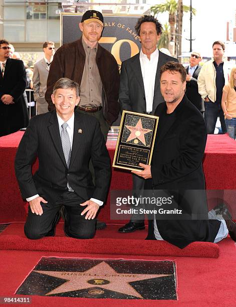 Russell Crowe and Ron Howard and Brian Grazer attends the Russell Crowe Hollywood Walk Of Fame Induction Ceremony on April 12, 2010 in Hollywood,...