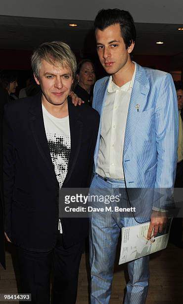 Mark Ronson and Nick Rhodes attend the afterparty following the opening night of 'Prima Donna', at the Sadler's Wells Theatre on April 12, 2010 in...