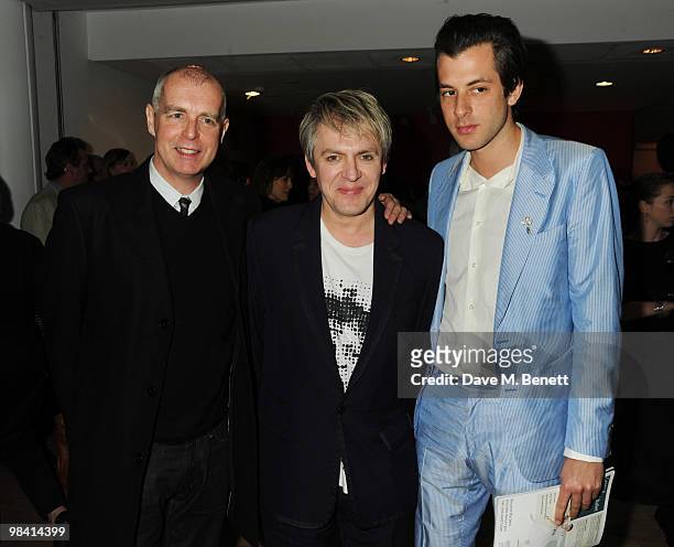 Neil Tennant, Nick Rhodes and Mark Ronson attend the afterparty following the opening night of 'Prima Donna', at the Sadler's Wells Theatre on April...