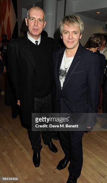 Neil Tennant and Nick Rhodes attend the afterparty following the opening night of 'Prima Donna', at the Sadler's Wells Theatre on April 12, 2010 in...