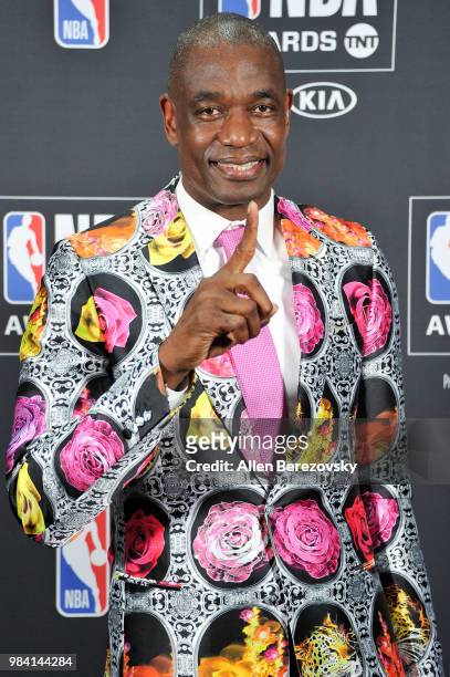 Sager Strong award winner Dikembe Mutombo poses in the backstage photo room during the 2018 NBA Awards Show at Barker Hangar on June 25, 2018 in...