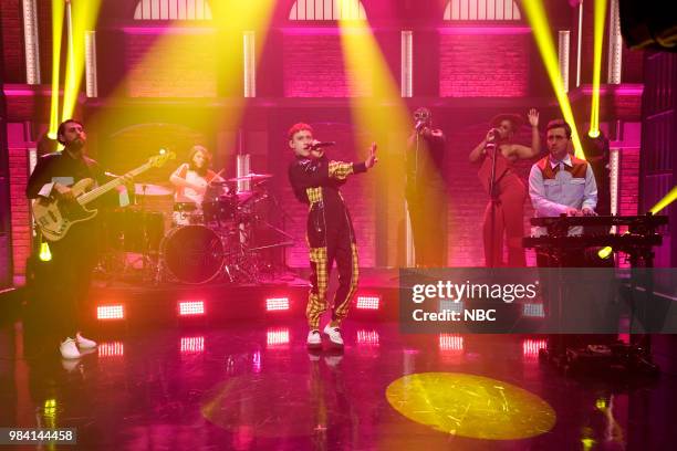 Episode 702 -- Pictured: Mikey Goldsworthy, Paris Jeffree, Olly Alexander and Emre Turkmen of musical guest 'Years & Years' perform on June 25, 2018...