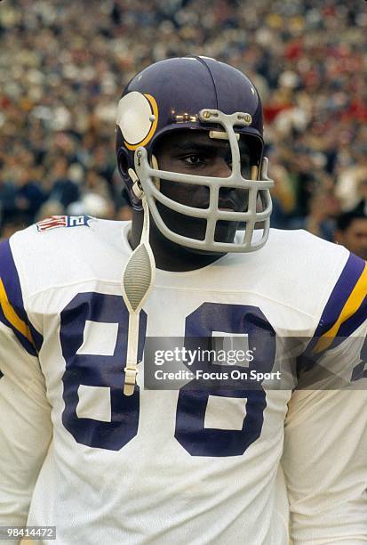 Defensive Tackle Alan Page of the Minnesota Vikings in this portrait on the sidelines circa 1969 during an NFL football game. Page played for the...