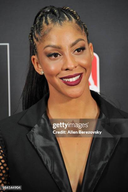 Candace Parker poses in the backstage photo room during the 2018 NBA Awards Show at Barker Hangar on June 25, 2018 in Santa Monica, California.