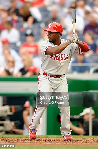 Jimmy Rollins of the Philadelphia Phillies bats against the Washington Nationals at Nationals Park on April 8, 2010 in Washington, DC.