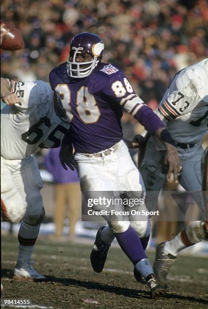 Defensive Tackle Alan Page of the Minnesota Vikings in action gets past guard John Demarie of the Cleveland Browns circa late 1969 during an NFL...