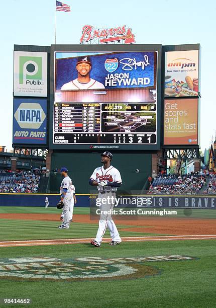 Jason Heyward of the Atlanta Braves gets set to hit against the Chicago Cubs at Turner Field on April 8, 2010 in Atlanta, Georgia. The Cubs defeated...