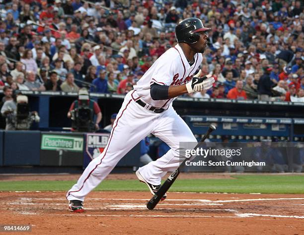 Jason Heyward of the Atlanta Braves hits against the Chicago Cubs at Turner Field on April 8, 2010 in Atlanta, Georgia. The Cubs defeated the Braves...