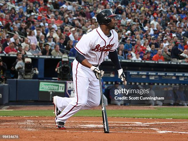 Jason Heyward of the Atlanta Braves hits against the Chicago Cubs at Turner Field on April 8, 2010 in Atlanta, Georgia. The Cubs defeated the Braves...