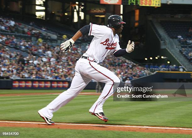 Jason Heyward of the Atlanta Braves hits against the Chicago Cubs at Turner Field on April 8, 2010 in Atlanta, Georgia. The Cubs defeated the Braves...