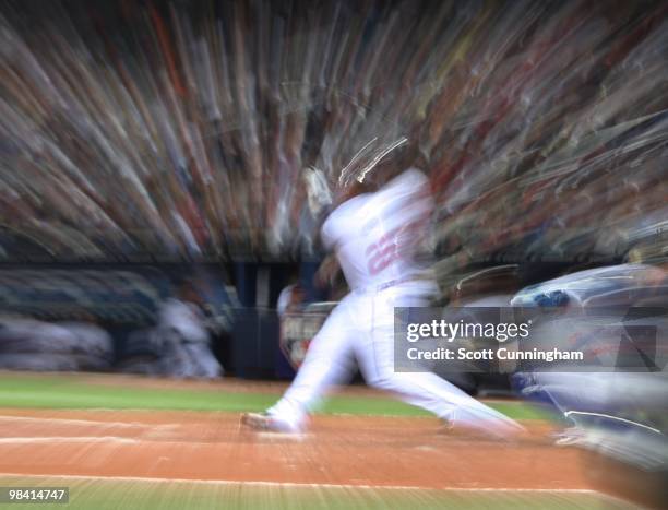 Jason Heyward of the Atlanta Braves hits against the Chicago Cubs at Turner Field on April 8, 2010 in Atlanta, Georgia. The Cubs defeated the Braves...