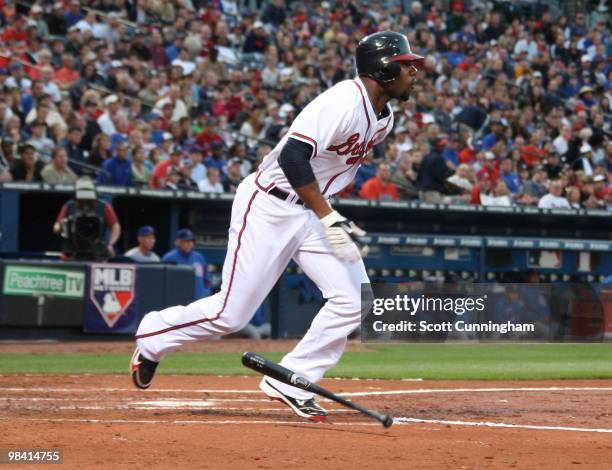 Jason Heyward of the Atlanta Braves hits against the Chicago Cubs at Turner Field on April 8, 2010 in Atlanta, Georgia. The Cubs defeated the Braves...