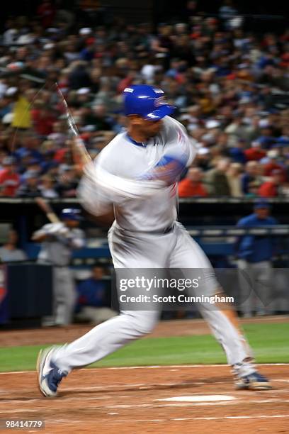 Derrek Lee of the Chicago Cubs hits against the Atlanta Braves at Turner Field on April 8, 2010 in Atlanta, Georgia. The Cubs defeated the Braves...