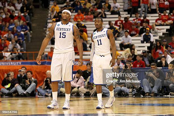 DeMarcus Cousins and John Wall of the Kentucky Wildcats look on against the Cornell Big Red during the east regional semifinal of the 2010 NCAA men's...