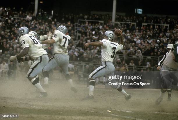 Quarterback Daryle Lamonica of the Oakland Raiders is back to throw a pass against the New York Jets December 29, 1968 during the AFL Conference...