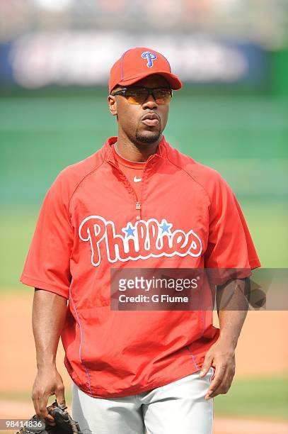 Jimmy Rollins of the Philadelphia Phillies warms up before the game against the Washington Nationals at Nationals Park on April 8, 2010 in...