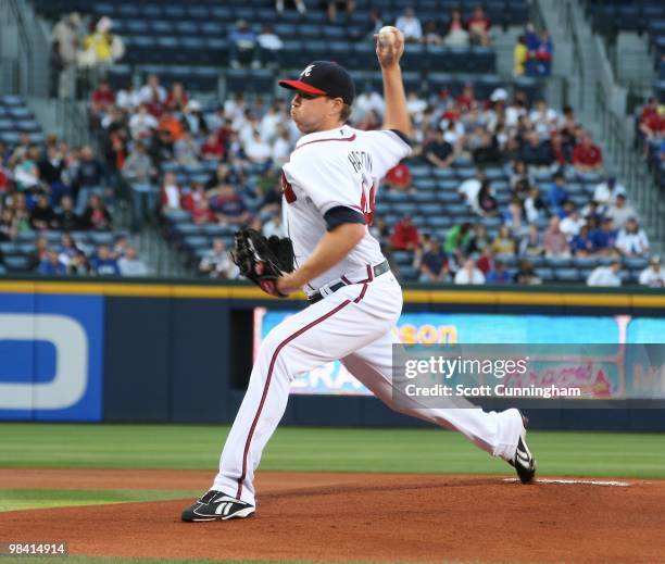 Tommy Hanson of the Atlanta Braves pitches against the Chicago Cubs at Turner Field on April 8, 2010 in Atlanta, Georgia. The Cubs defeated the...