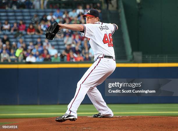 Tommy Hanson of the Atlanta Braves pitches against the Chicago Cubs at Turner Field on April 8, 2010 in Atlanta, Georgia. The Cubs defeated the...