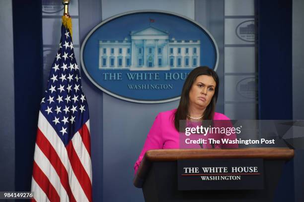 White House Press Secretary Sarah Huckabee Sanders appears at the daily press briefing at the White House on Monday June 25, 2018 in Washington, DC.