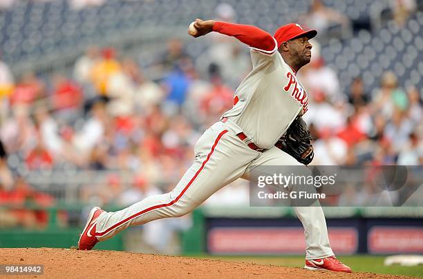 Jose Contreras of the Philadelphia Phillies pitches against the Washington Nationals at Nationals Park on April 8, 2010 in Washington, DC.