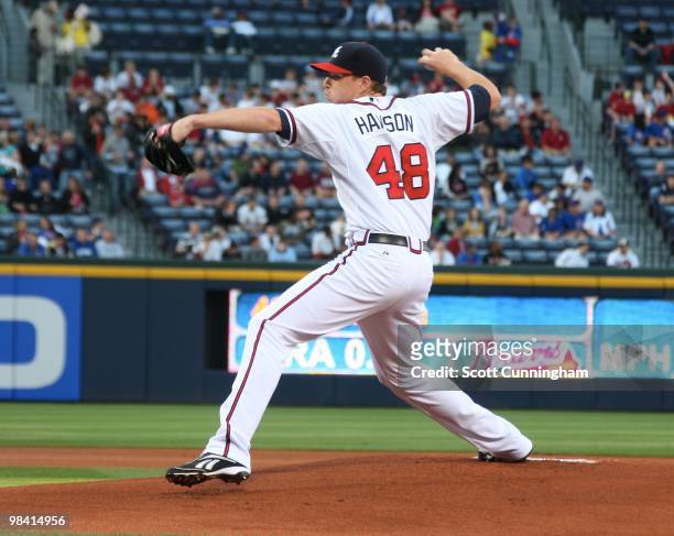 Tommy Hanson of the Atlanta Braves pitches against the Chicago Cubs at Turner Field on April 8, 2010 in Atlanta, Georgia. The Cubs defeated the...