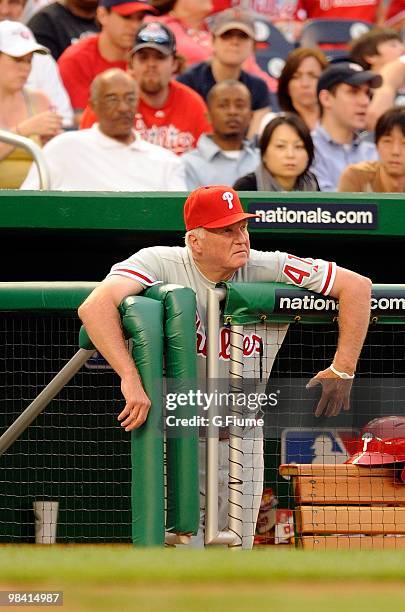 Manager Charlie Manuel of the Philadelphia Phillies watches the game against the Washington Nationals at Nationals Park on April 8, 2010 in...