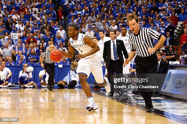 Darius Miller of the Kentucky Wildcats brings the ball up court against the Cornell Big Red during the east regional semifinal of the 2010 NCAA men's...