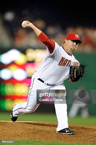 Matt Capps of the Washington Nationals pitches against the Philadelphia Phillies at Nationals Park on April 7, 2010 in Washington, DC.