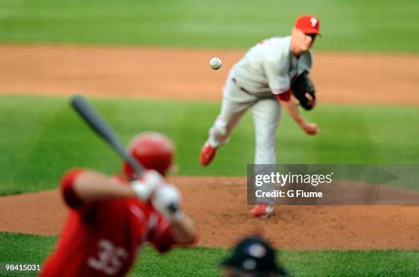 Kyle Kendrick of the Philadelphia Phillies pitches against the Washington Nationals at Nationals Park on April 8, 2010 in Washington, DC.