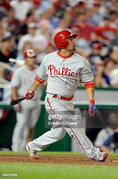 Shane Victorino of the Philadelphia Phillies bats against the Washington Nationals at Nationals Park on April 7, 2010 in Washington, DC.