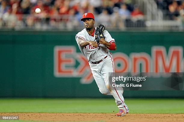 Jimmy Rollins of the Philadelphia Phillies fields the ball during the game against the Washington Nationals at Nationals Park on April 7, 2010 in...