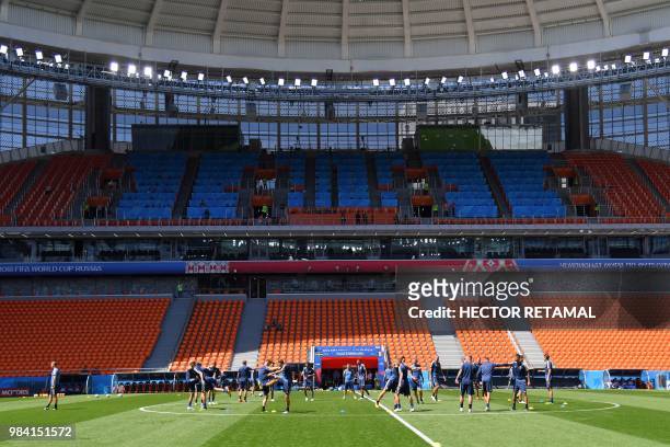 Sweden's team players take part in a training session of the Sweden national football team at the Ekaterinburg Arena, in Yekaterinburg, on June 26,...