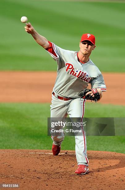 Kyle Kendrick of the Philadelphia Phillies pitches against the Washington Nationals at Nationals Park on April 8, 2010 in Washington, DC.