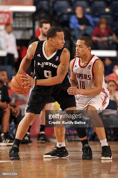 Curtis Jerrells of the Austin Toros handles the ball against Jonathan Wallace of the Rio Grande Valley Vipers during the D-League game on March 10,...