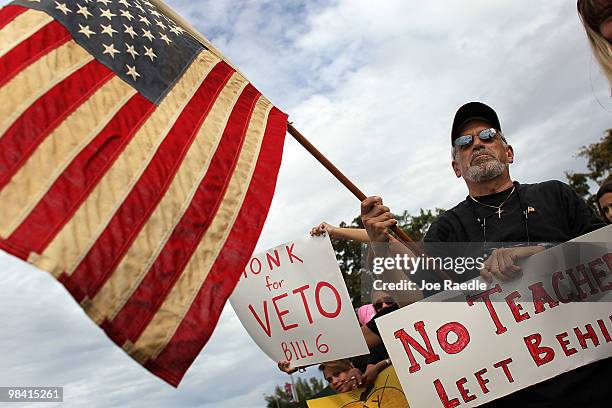 Fred Kellner a middle school teacher gathers to protest the passing of the bill named SB 6 by the Florida legislator on April 12, 2010 in Miami,...