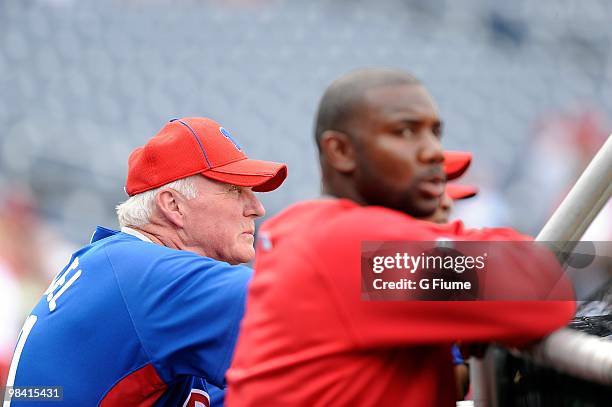 Manager Charlie Manuel of the Philadelphia Phillies watches batting practice before the game against the Washington Nationals at Nationals Park on...