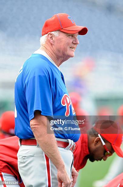 Manager Charlie Manuel of the Philadelphia Phillies watches batting practice before the game against the Washington Nationals at Nationals Park on...