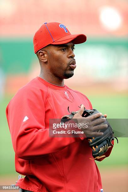 Jimmy Rollins of the Philadelphia Phillies warms up before the game against the Washington Nationals at Nationals Park on April 7, 2010 in...