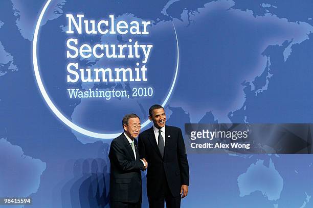 President Barack Obama shakes hand with Secretary-General of the United Nations Ban Ki-moon at the Nuclear Security Summit April 12, 2010 in...