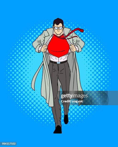 vector retro comic book style superhero transformation - man changing clothes stock illustrations