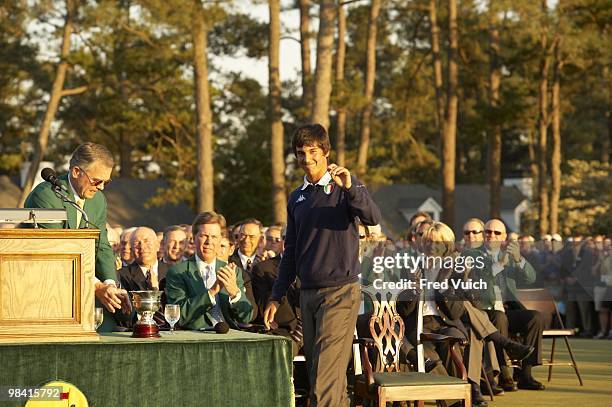 Matteo Manassero victorious after winning Low Amateur award during Silver Cup trophy presentation on Sunday at Augusta National. Augusta, GA...