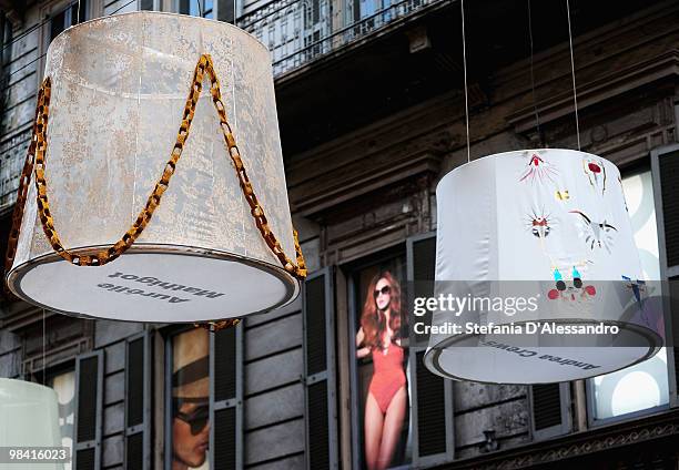 Colourful lampshades are exhibited in Montenapoleone Street for the 2010 Milan International Furniture Fair on April 18, 2010 in Milan, Italy.