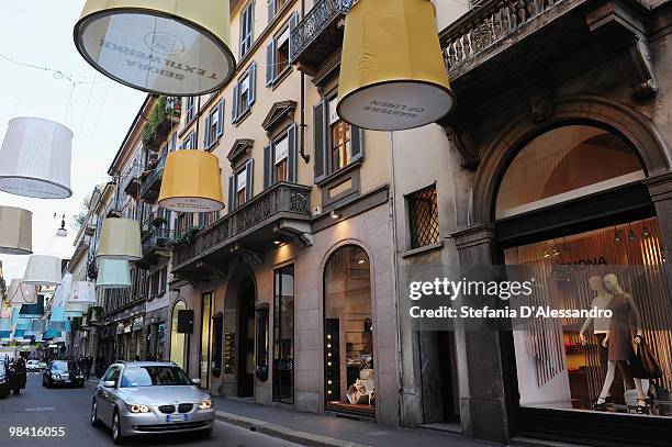 Colourful lampshades are exhibited in Montenapoleone Street for the 2010 Milan International Furniture Fair on April 18, 2010 in Milan, Italy.